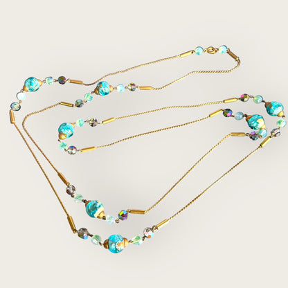 Vintage 56-Inch Murano Glass Necklace with Aqua Foil Wedding Cake Beads and Aurora Borealis Crystals