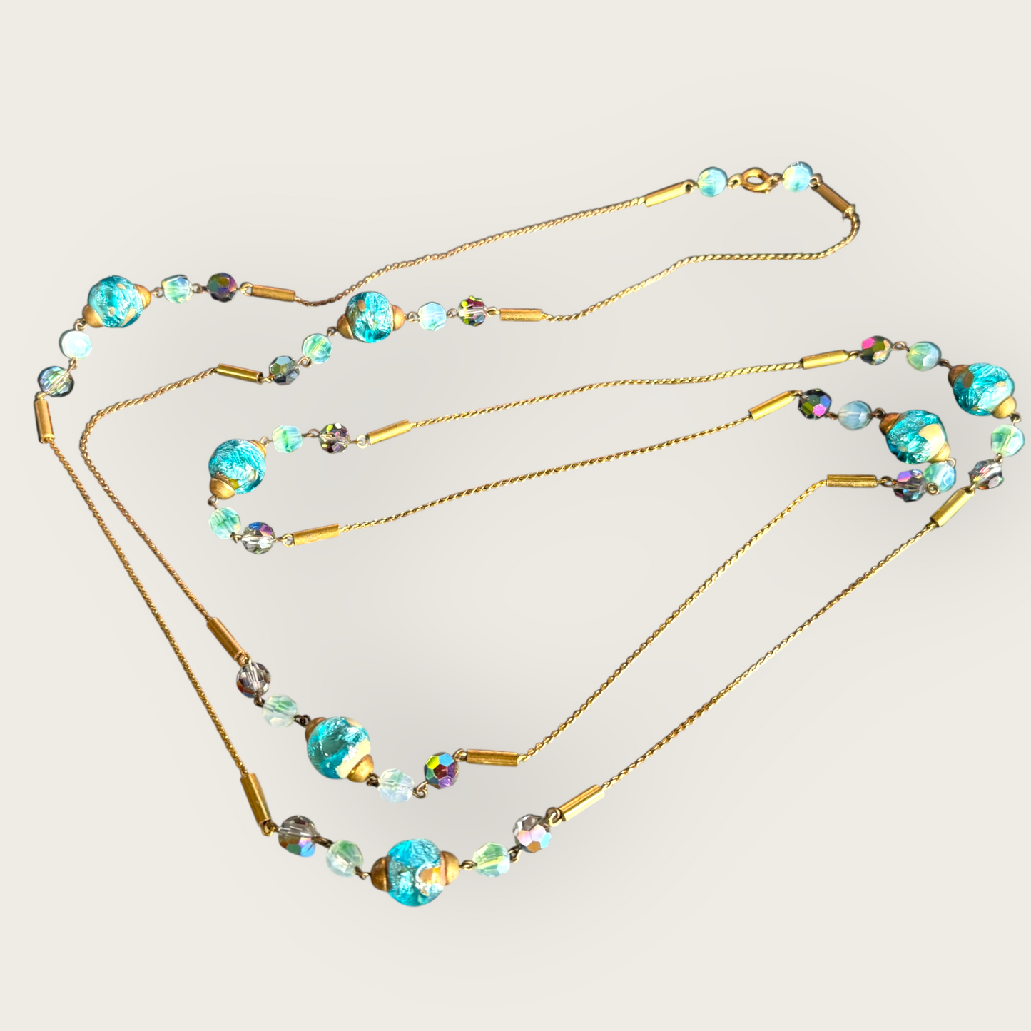 Vintage 56-Inch Murano Glass Necklace with Aqua Foil Wedding Cake Beads and Aurora Borealis Crystals