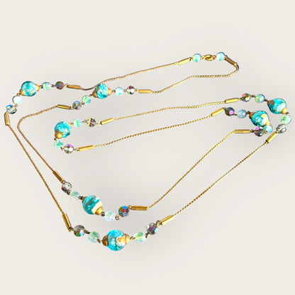 Vintage 56-Inch Murano Glass Necklace with Aqua Foil Wedding Cake Beads and Aurora Borealis Crystals