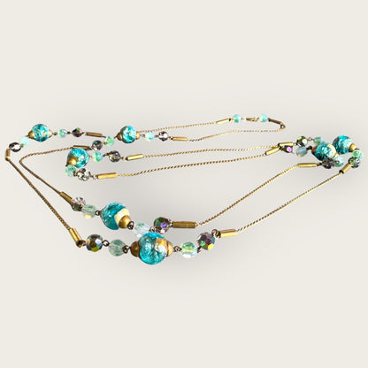Vintage 56-Inch Murano Glass Necklace with Aqua Foil Wedding Cake Beads and Aurora Borealis Crystals