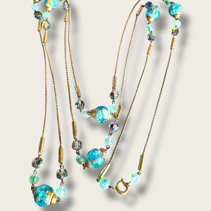 Vintage 56-Inch Murano Glass Necklace with Aqua Foil Wedding Cake Beads and Aurora Borealis Crystals