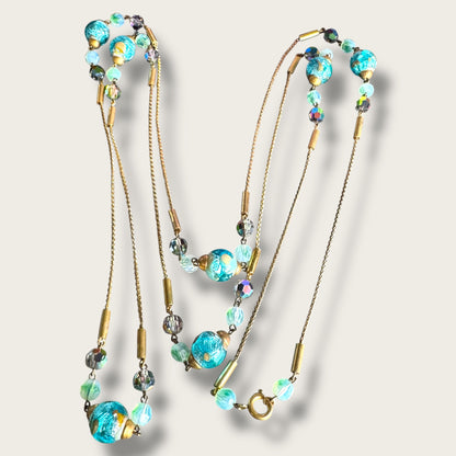 Vintage 56-Inch Murano Glass Necklace with Aqua Foil Wedding Cake Beads and Aurora Borealis Crystals