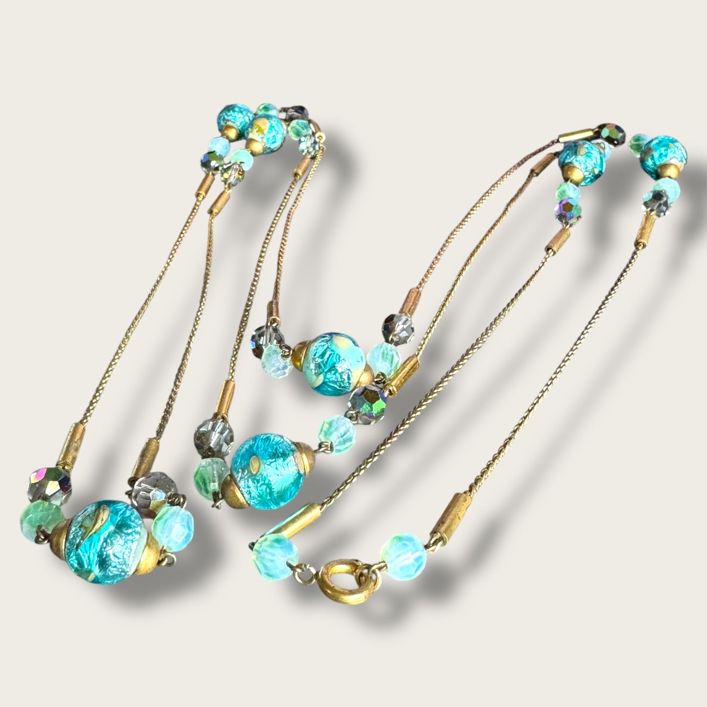 Vintage 56-Inch Murano Glass Necklace with Aqua Foil Wedding Cake Beads and Aurora Borealis Crystals
