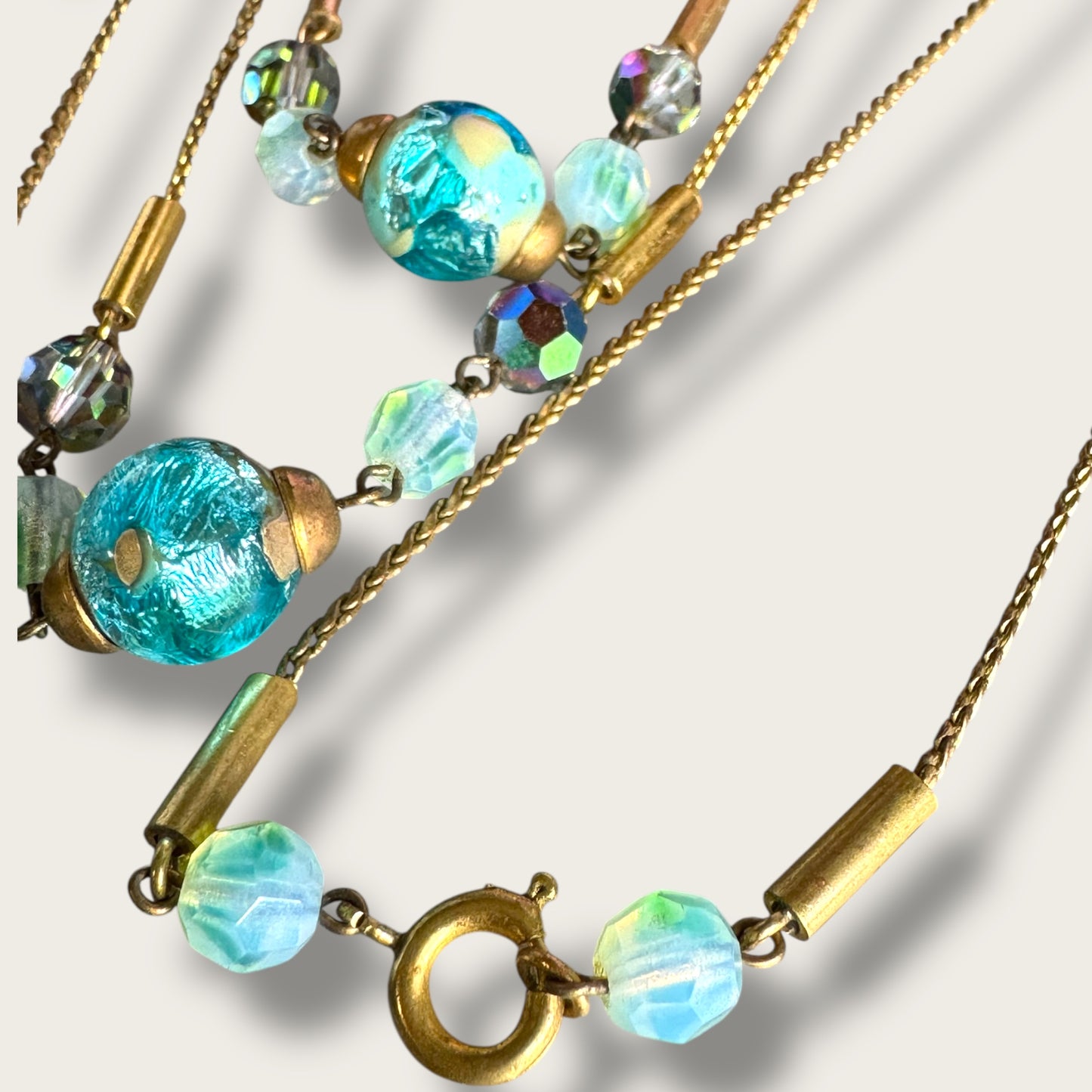 Vintage 56-Inch Murano Glass Necklace with Aqua Foil Wedding Cake Beads and Aurora Borealis Crystals