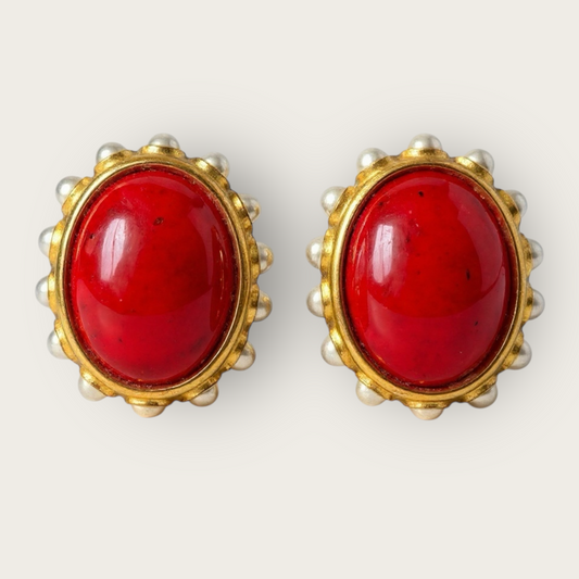 Vintage Ben-Amun Red Lucite & Faux Pearl Clip-On Earrings