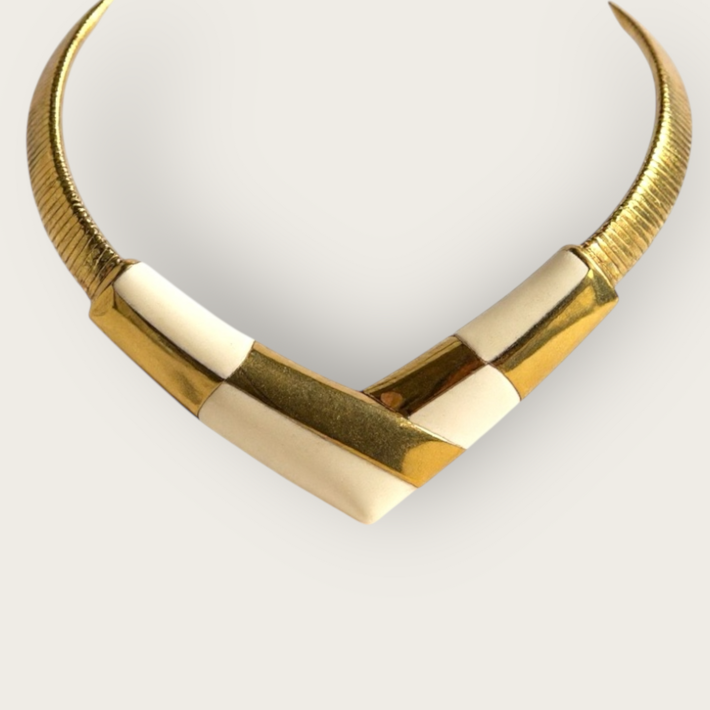 Vintage Napier Gold Tone & Cream Enamel Omega Collar Necklace – V Shape Choker, 1980s Statement Jewelry