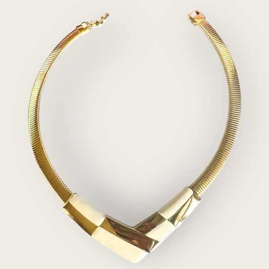 Vintage Napier Gold Tone & Cream Enamel Omega Collar Necklace – V Shape Choker, 1980s Statement Jewelry
