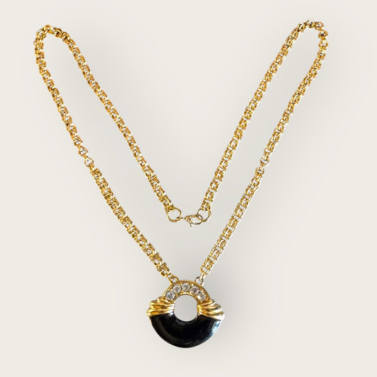 Vintage Monet Black Enamel & Crystal Medallion Necklace – Signed Designer Jewelry