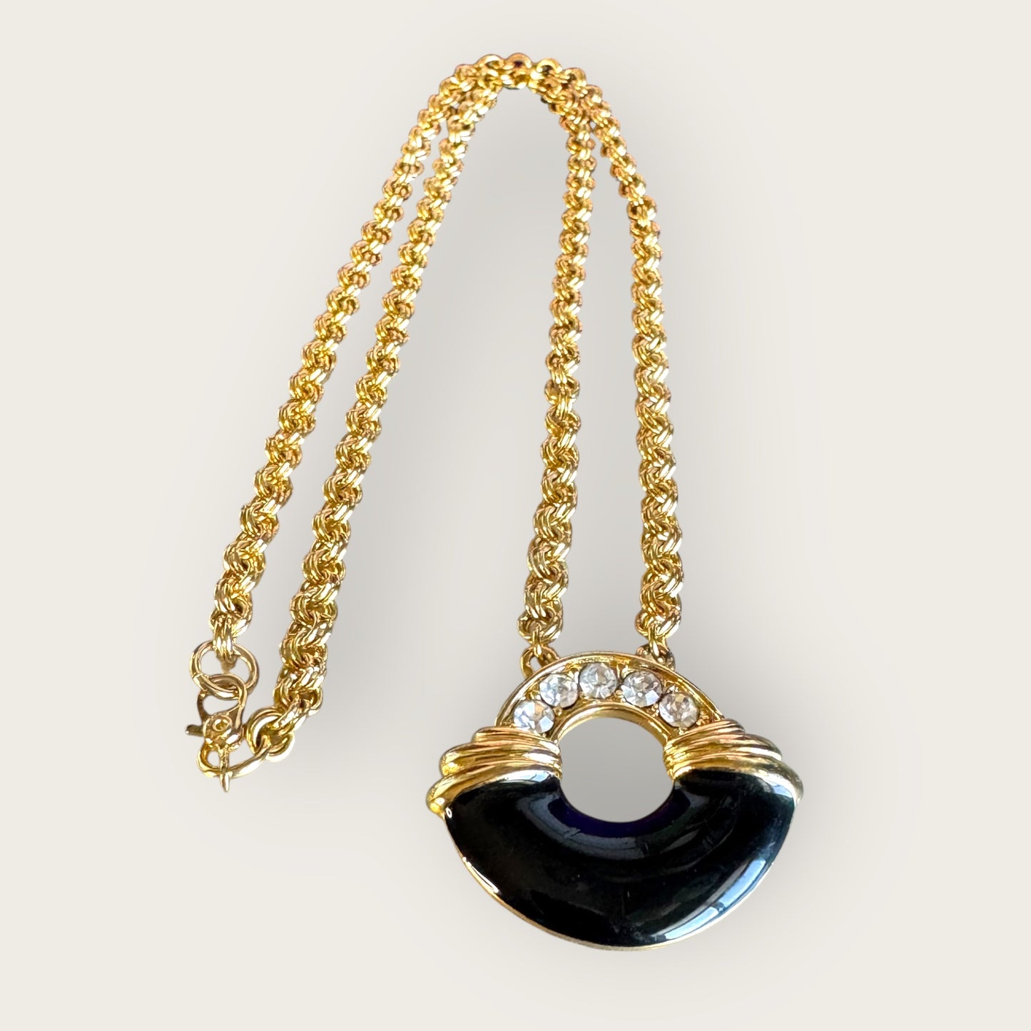 Vintage Monet Black Enamel & Crystal Medallion Necklace – Signed Designer Jewelry