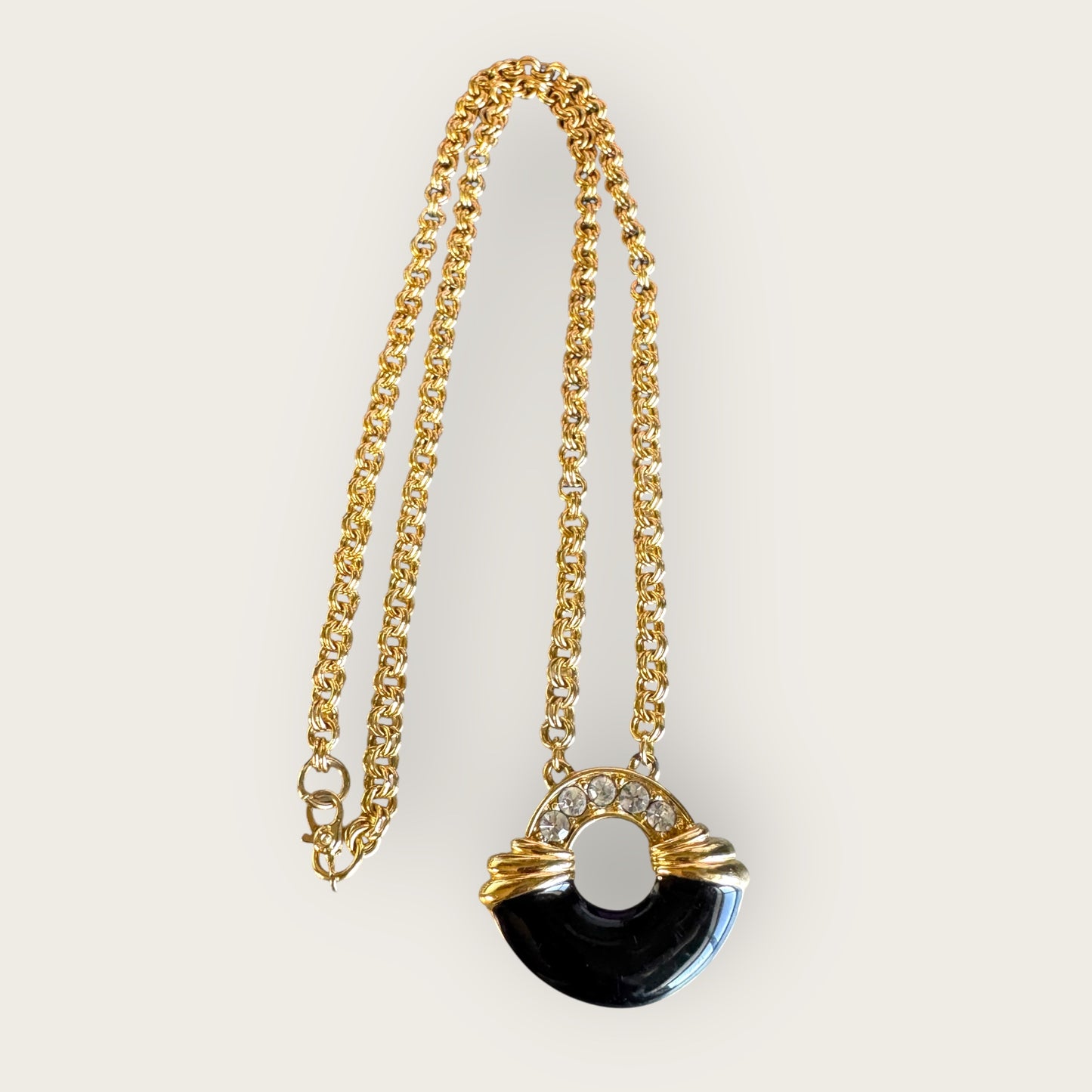 Vintage Monet Black Enamel & Crystal Medallion Necklace – Signed Designer Jewelry