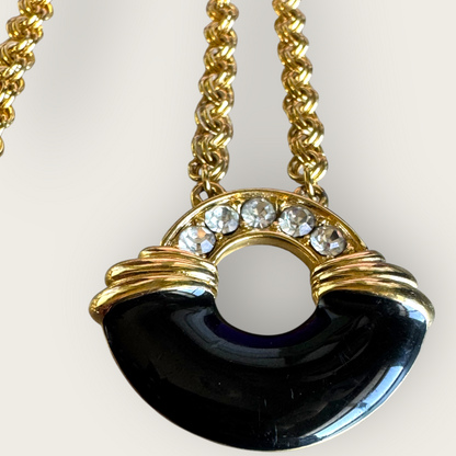 Vintage Monet Black Enamel & Crystal Medallion Necklace – Signed Designer Jewelry