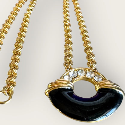 Vintage Monet Black Enamel & Crystal Medallion Necklace – Signed Designer Jewelry