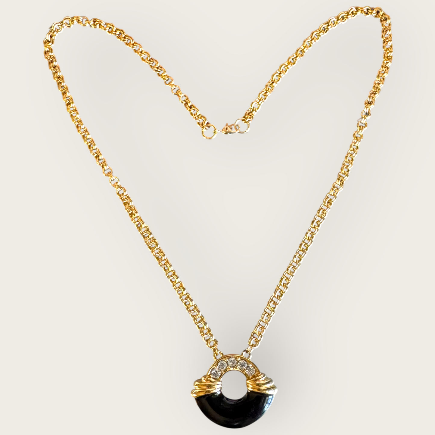 Vintage Monet Black Enamel & Crystal Medallion Necklace – Signed Designer Jewelry