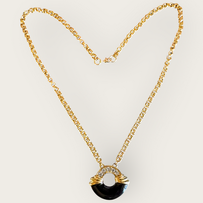 Vintage Monet Black Enamel & Crystal Medallion Necklace – Signed Designer Jewelry