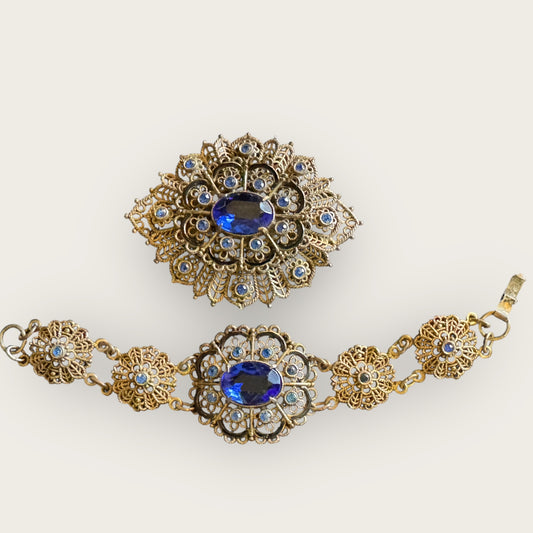 Antique Czech Filigree Bracelet & Brooch Set – Sapphire Blue Glass & Paste Stones – 1930s European Jewelry