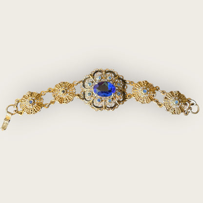 Antique Czech Filigree Bracelet & Brooch Set – Sapphire Blue Glass & Paste Stones – 1930s European Jewelry