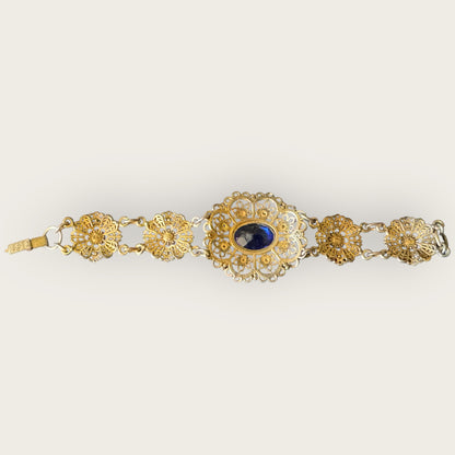 Antique Czech Filigree Bracelet & Brooch Set – Sapphire Blue Glass & Paste Stones – 1930s European Jewelry