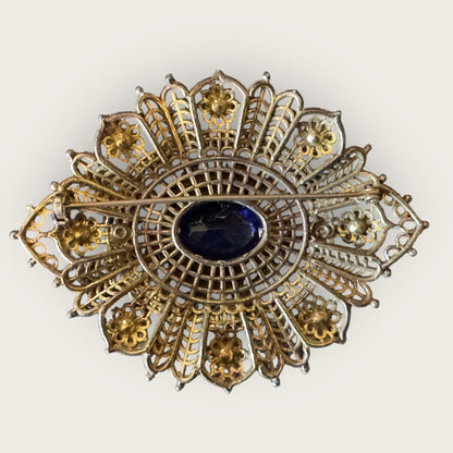 Antique Czech Filigree Bracelet & Brooch Set – Sapphire Blue Glass & Paste Stones – 1930s European Jewelry