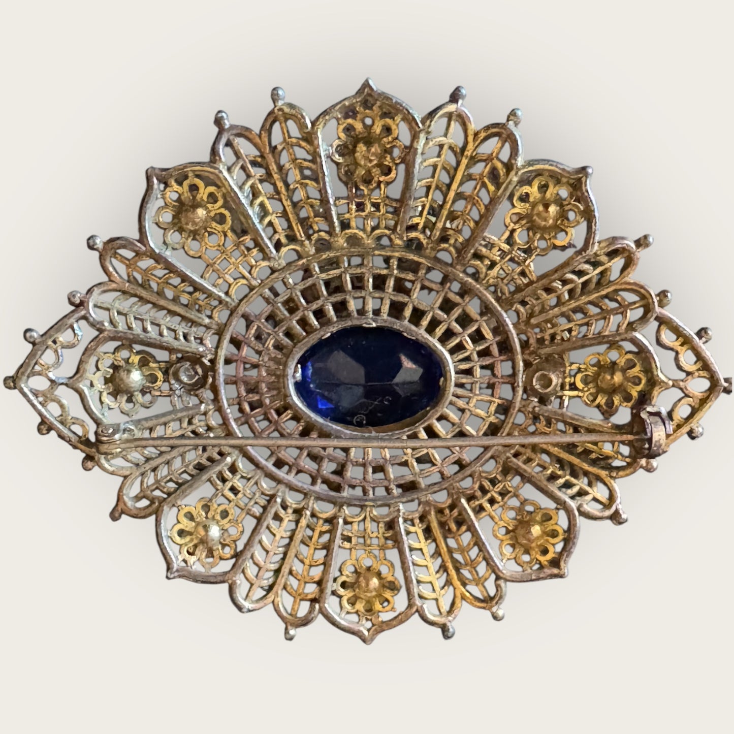 Antique Czech Filigree Bracelet & Brooch Set – Sapphire Blue Glass & Paste Stones – 1930s European Jewelry