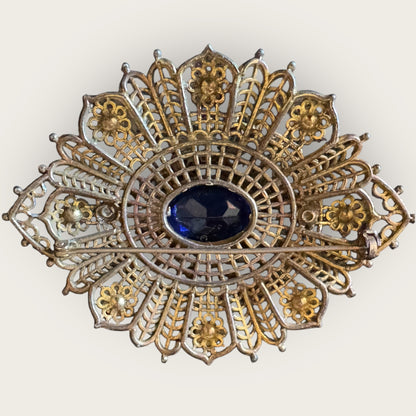 Antique Czech Filigree Bracelet & Brooch Set – Sapphire Blue Glass & Paste Stones – 1930s European Jewelry