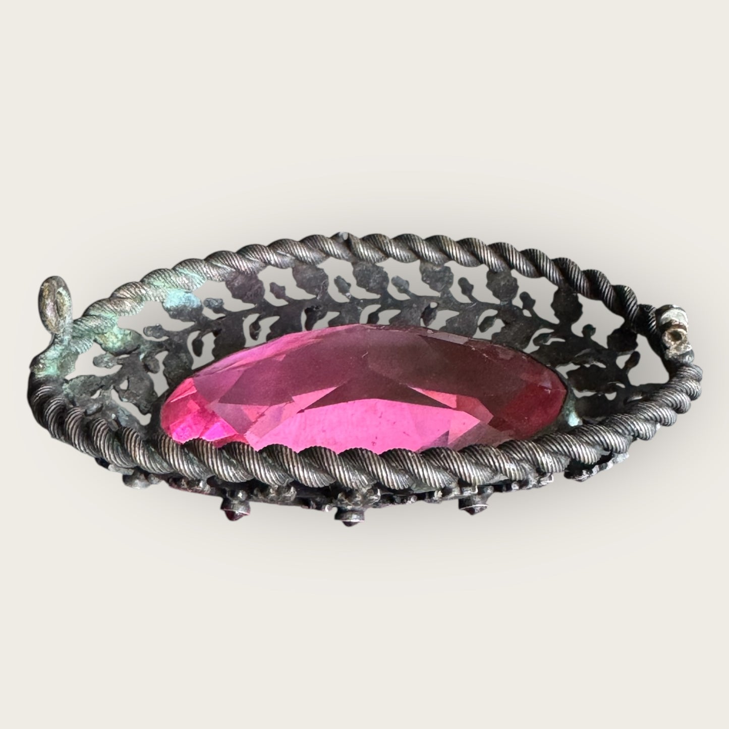 Antique Czech Gunmetal Brooch with Pink Glass Stone and Garnet Glass Cabochons | Austro-Hungarian Statement Jewelry c.1900