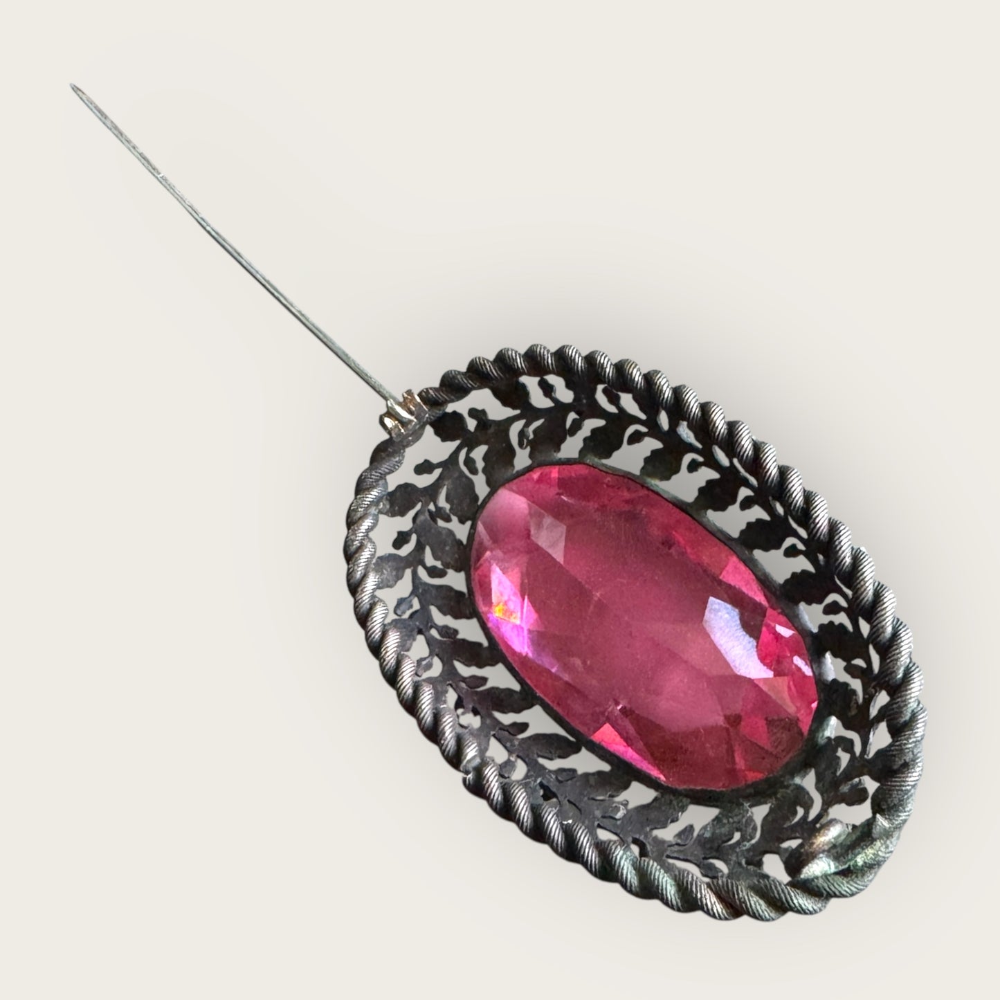 Antique Czech Gunmetal Brooch with Pink Glass Stone and Garnet Glass Cabochons | Austro-Hungarian Statement Jewelry c.1900