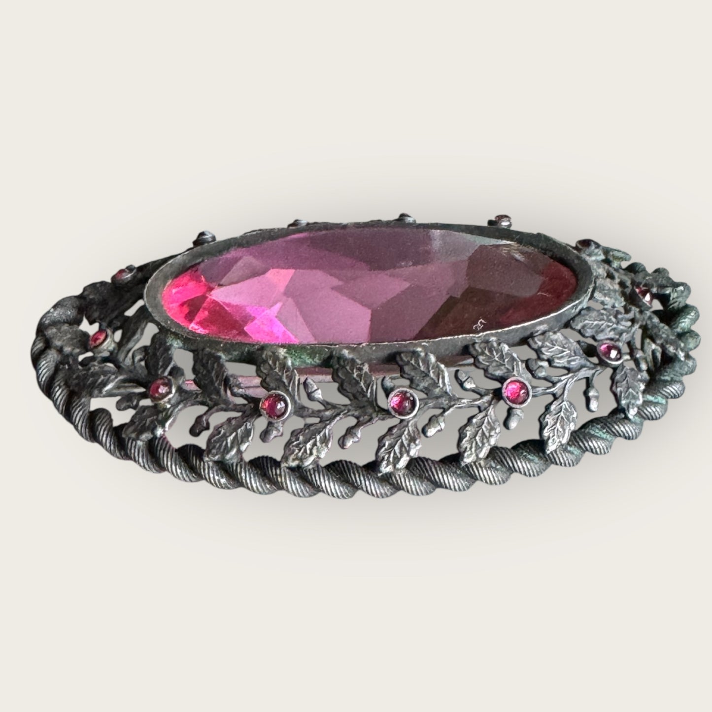 Antique Czech Gunmetal Brooch with Pink Glass Stone and Garnet Glass Cabochons | Austro-Hungarian Statement Jewelry c.1900