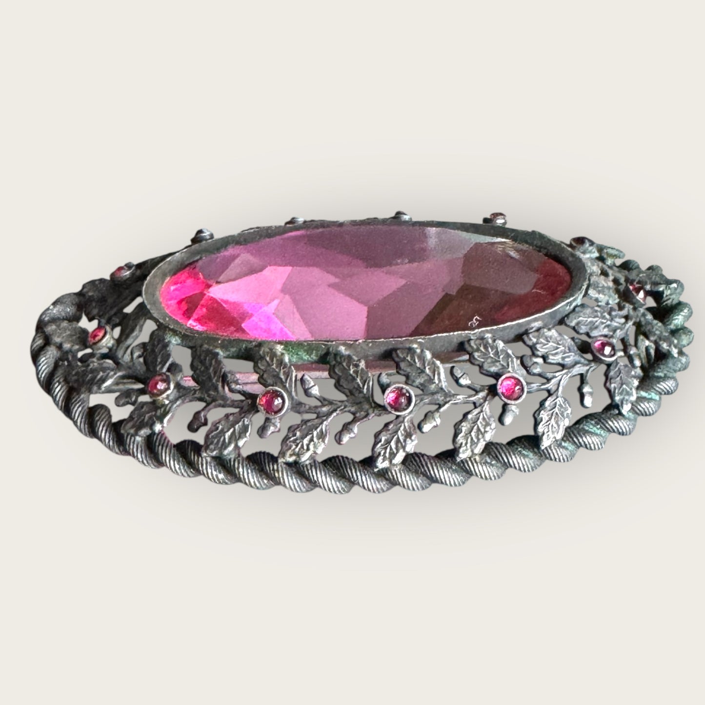 Antique Czech Gunmetal Brooch with Pink Glass Stone and Garnet Glass Cabochons | Austro-Hungarian Statement Jewelry c.1900