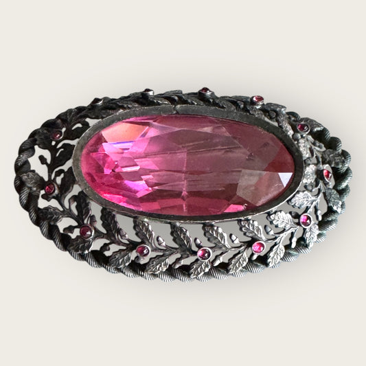 Antique Czech Gunmetal Brooch with Pink Glass Stone and Garnet Glass Cabochons | Austro-Hungarian Statement Jewelry c.1900