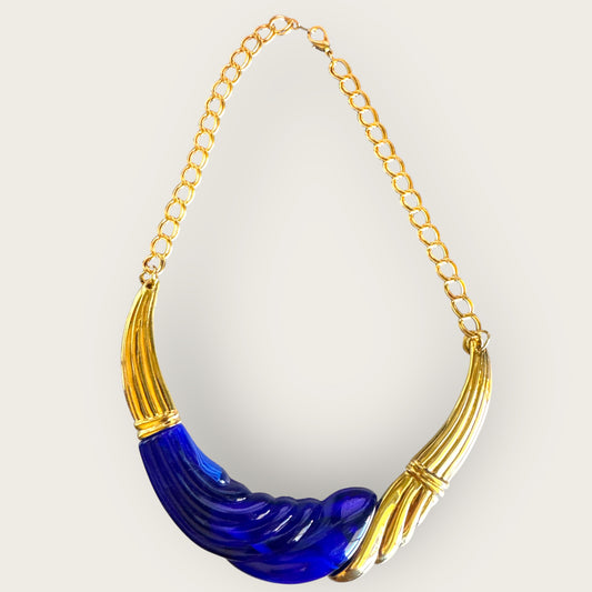 Vintage 1980s Park Lane Cobalt Blue Lucite & Gold Tone Fan Statement Necklace
