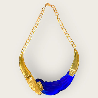 Vintage 1980s Park Lane Cobalt Blue Lucite & Gold Tone Fan Statement Necklace