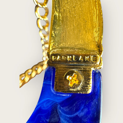 Vintage 1980s Park Lane Cobalt Blue Lucite & Gold Tone Fan Statement Necklace
