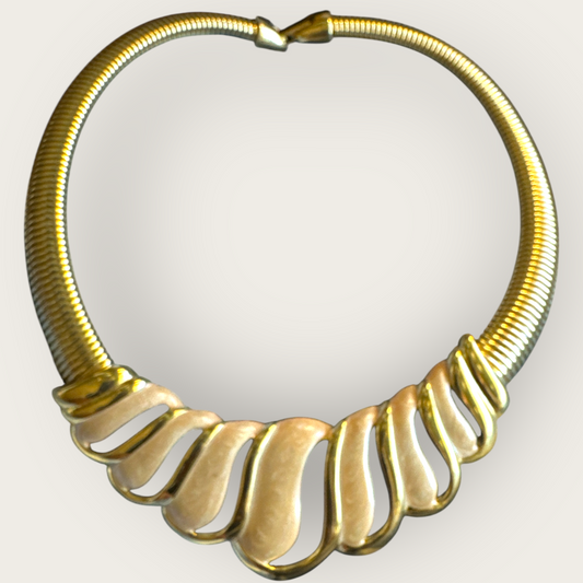 Vintage 1980s–1990s Napier Frosted Beige Enamel Omega Runway Statement Collar Necklace