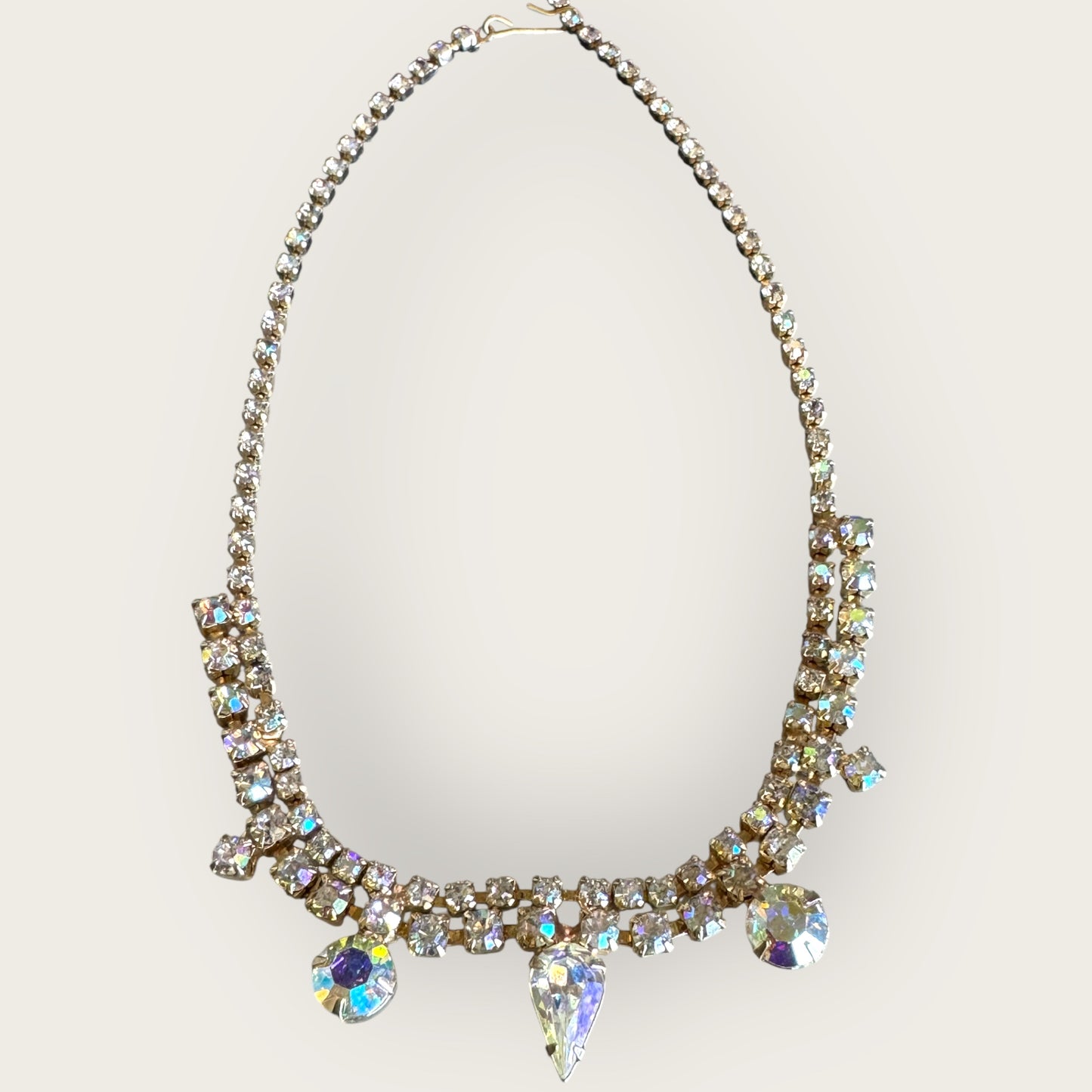 Mid-Century Aurora Borealis Rhinestone Bridal Choker Necklace – 1950s Statement Jewelry
