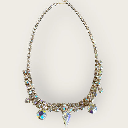 Mid-Century Aurora Borealis Rhinestone Bridal Choker Necklace – 1950s Statement Jewelry