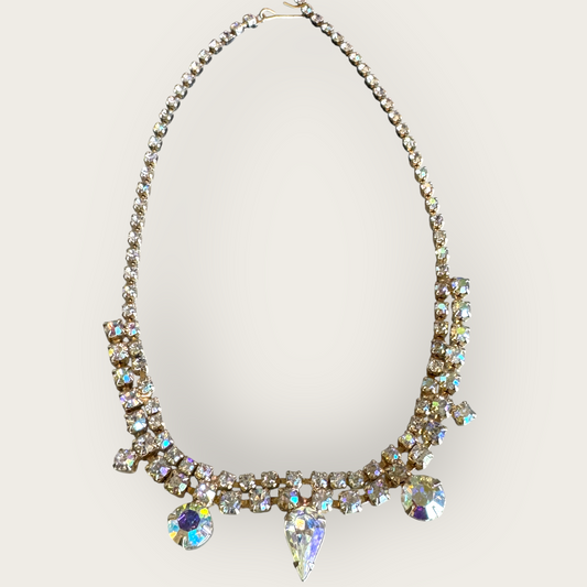 Mid-Century Aurora Borealis Rhinestone Bridal Choker Necklace – 1950s Statement Jewelry