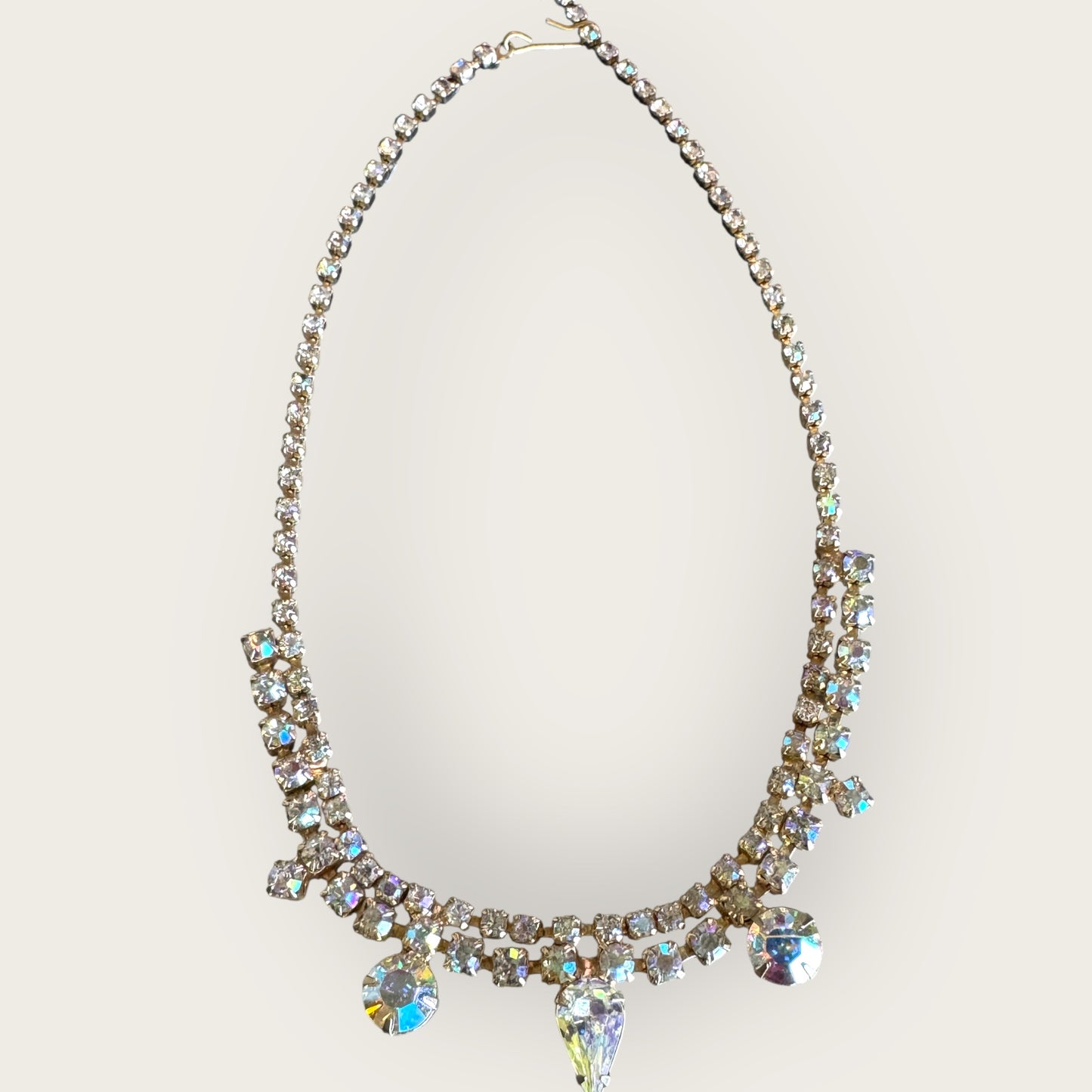 Mid-Century Aurora Borealis Rhinestone Bridal Choker Necklace – 1950s Statement Jewelry