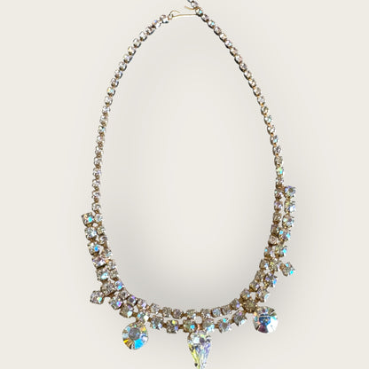 Mid-Century Aurora Borealis Rhinestone Bridal Choker Necklace – 1950s Statement Jewelry