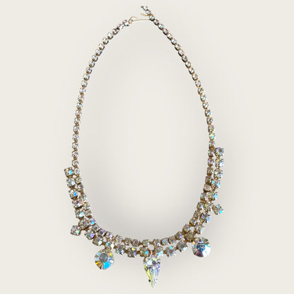 Mid-Century Aurora Borealis Rhinestone Bridal Choker Necklace – 1950s Statement Jewelry