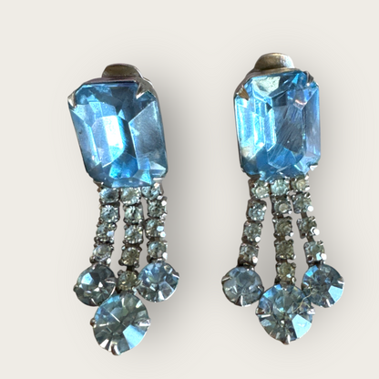 Mid-Century Baby Blue Rhinestone Statement Earrings – 1950s Chunky Clip-On Dangles