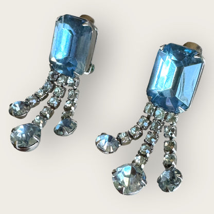 Mid-Century Baby Blue Rhinestone Statement Earrings – 1950s Chunky Clip-On Dangles