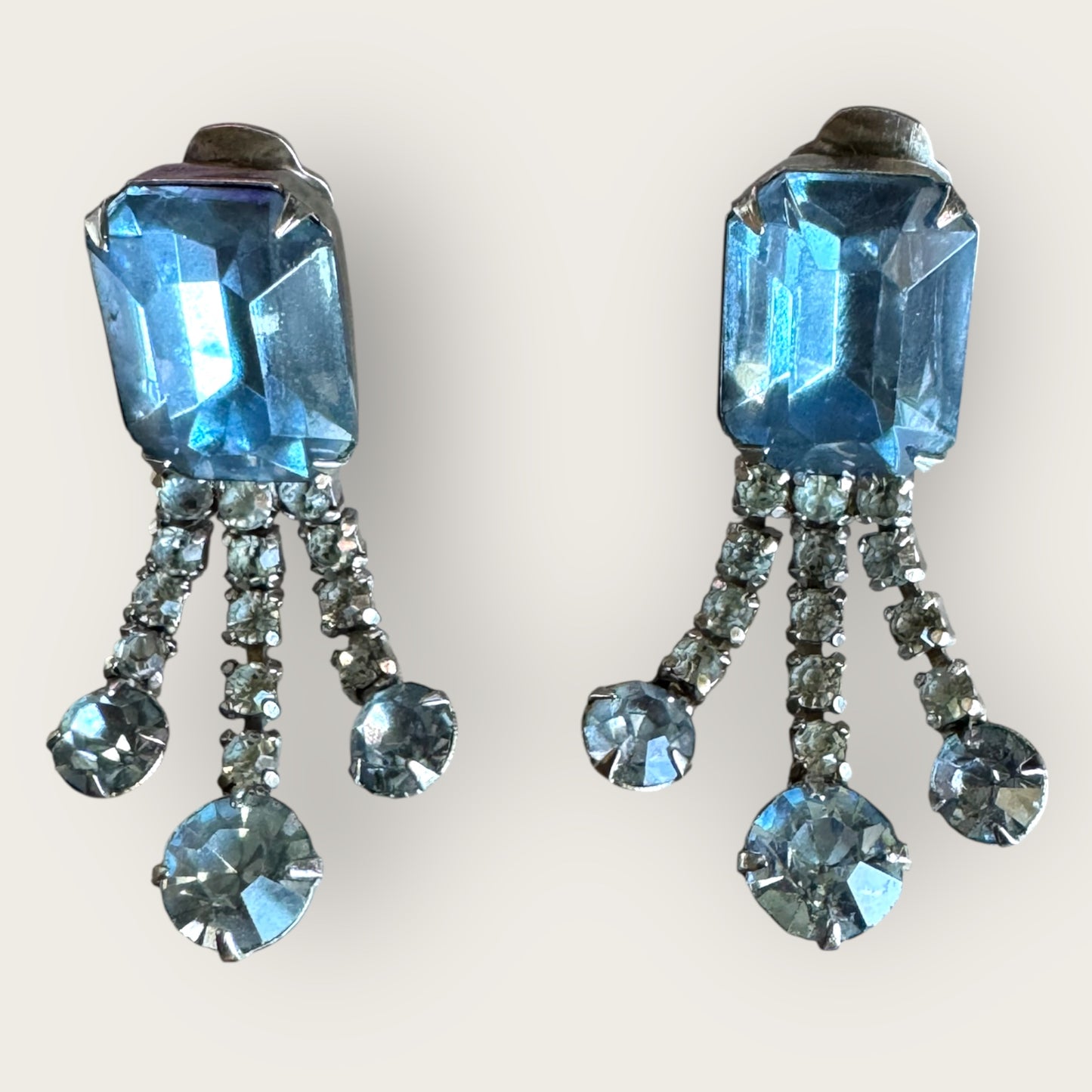 Mid-Century Baby Blue Rhinestone Statement Earrings – 1950s Chunky Clip-On Dangles