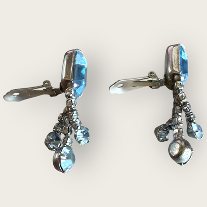 Mid-Century Baby Blue Rhinestone Statement Earrings – 1950s Chunky Clip-On Dangles