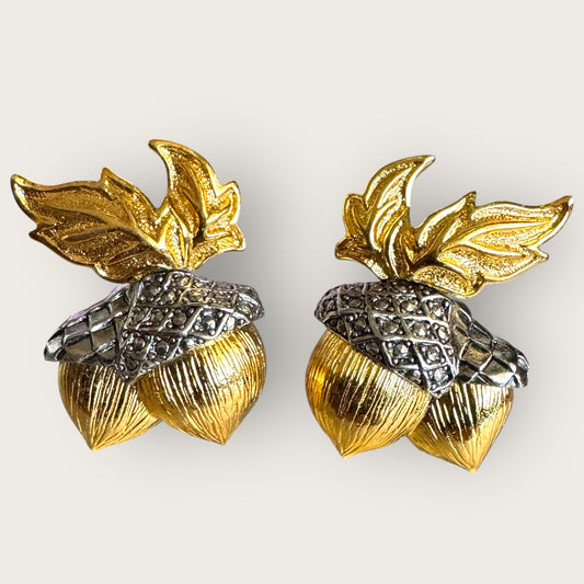 Vintage Avon Acorn Clip-On Earrings – Gold & Silver-Tone with Sparkling Accents – Late 1970s/Early 1980s