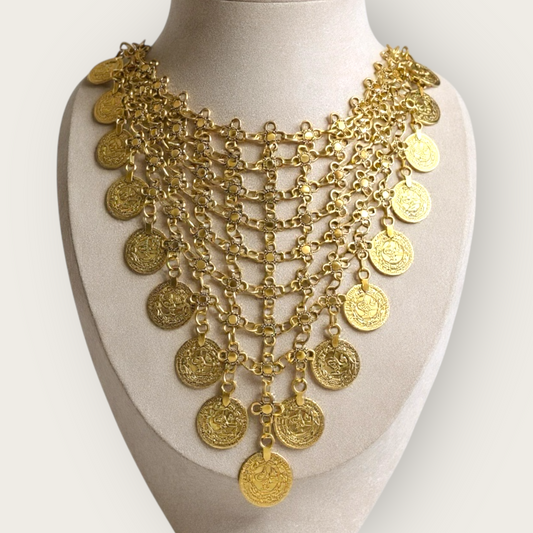 Vintage Gold Coin Bib Necklace – 1970s–1980s Runway Statement