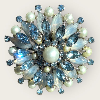 Vintage Kramer of New York Layered Brooch – Moon Glow Navette Rhinestones, Light Blue Crystals & Faux Pearls – 1950s Collectible Jewelry