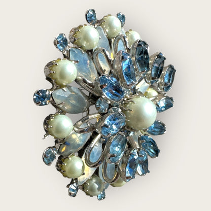 Vintage Kramer of New York Layered Brooch – Moon Glow Navette Rhinestones, Light Blue Crystals & Faux Pearls – 1950s Collectible Jewelry