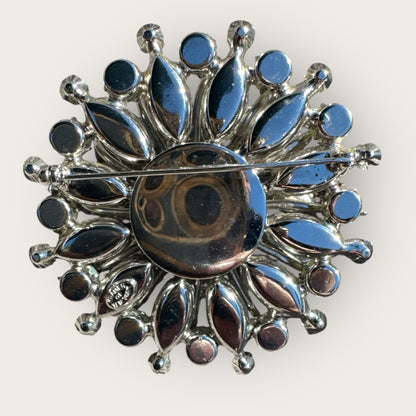 Vintage Kramer of New York Layered Brooch – Moon Glow Navette Rhinestones, Light Blue Crystals & Faux Pearls – 1950s Collectible Jewelry