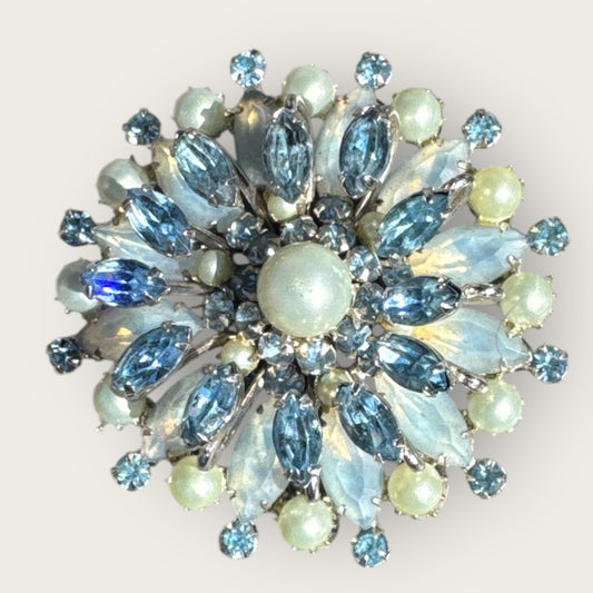 Vintage Kramer of New York Layered Brooch – Moon Glow Navette Rhinestones, Light Blue Crystals & Faux Pearls – 1950s Collectible Jewelry