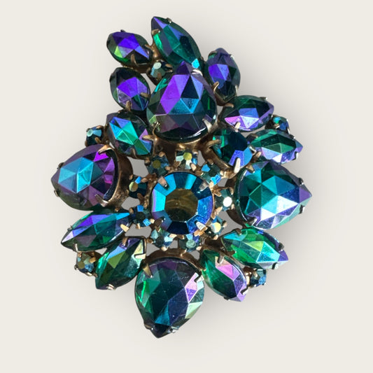Vintage Aurora Borealis Rhinestone Brooch – Large Blue Green Iridescent Floral Statement Pin – Mid-Century Costume Jewelry
